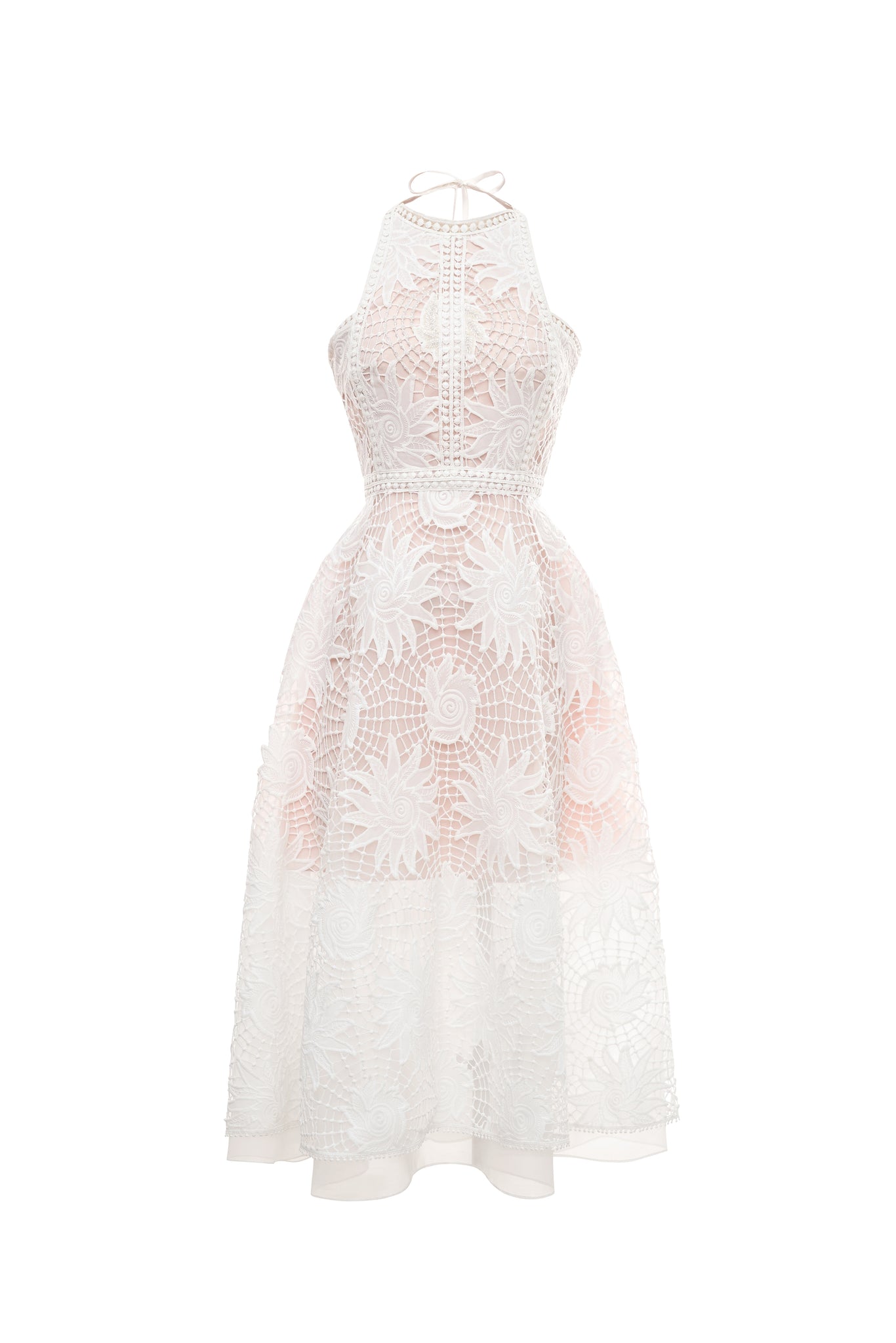 White Lace Midi Dress O-neck Sleeveless Lace Embroidery High Waist Patchwork Elegant | REBECCA WARDROBE