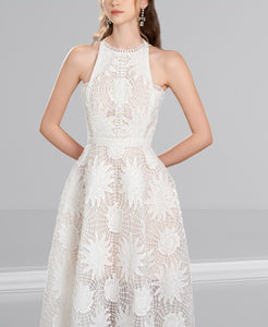 White Lace Midi Dress O-neck Sleeveless Lace Embroidery High Waist Patchwork Elegant | REBECCA WARDROBE