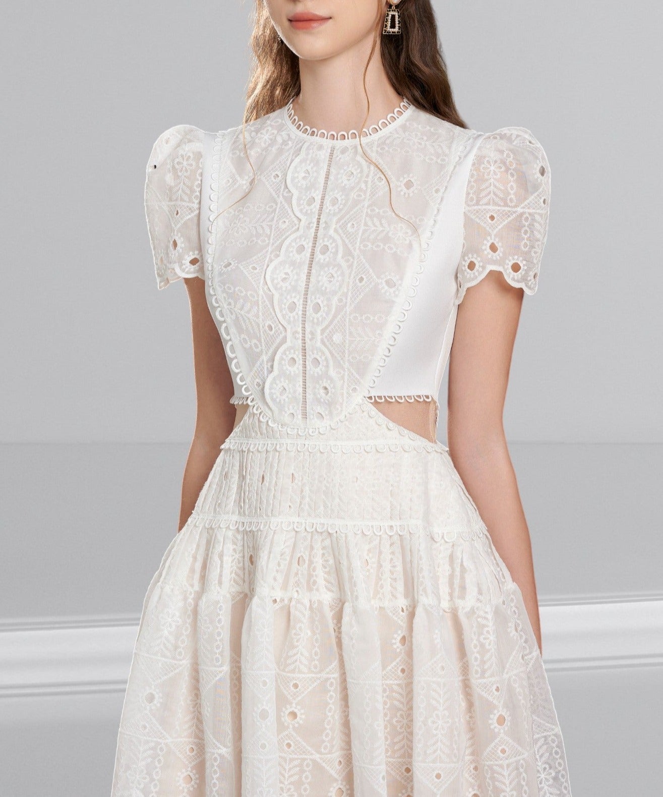 White Lace Long Dress Embroidery O-neck Hollow Out Waist  | REBECCA WARDROBE