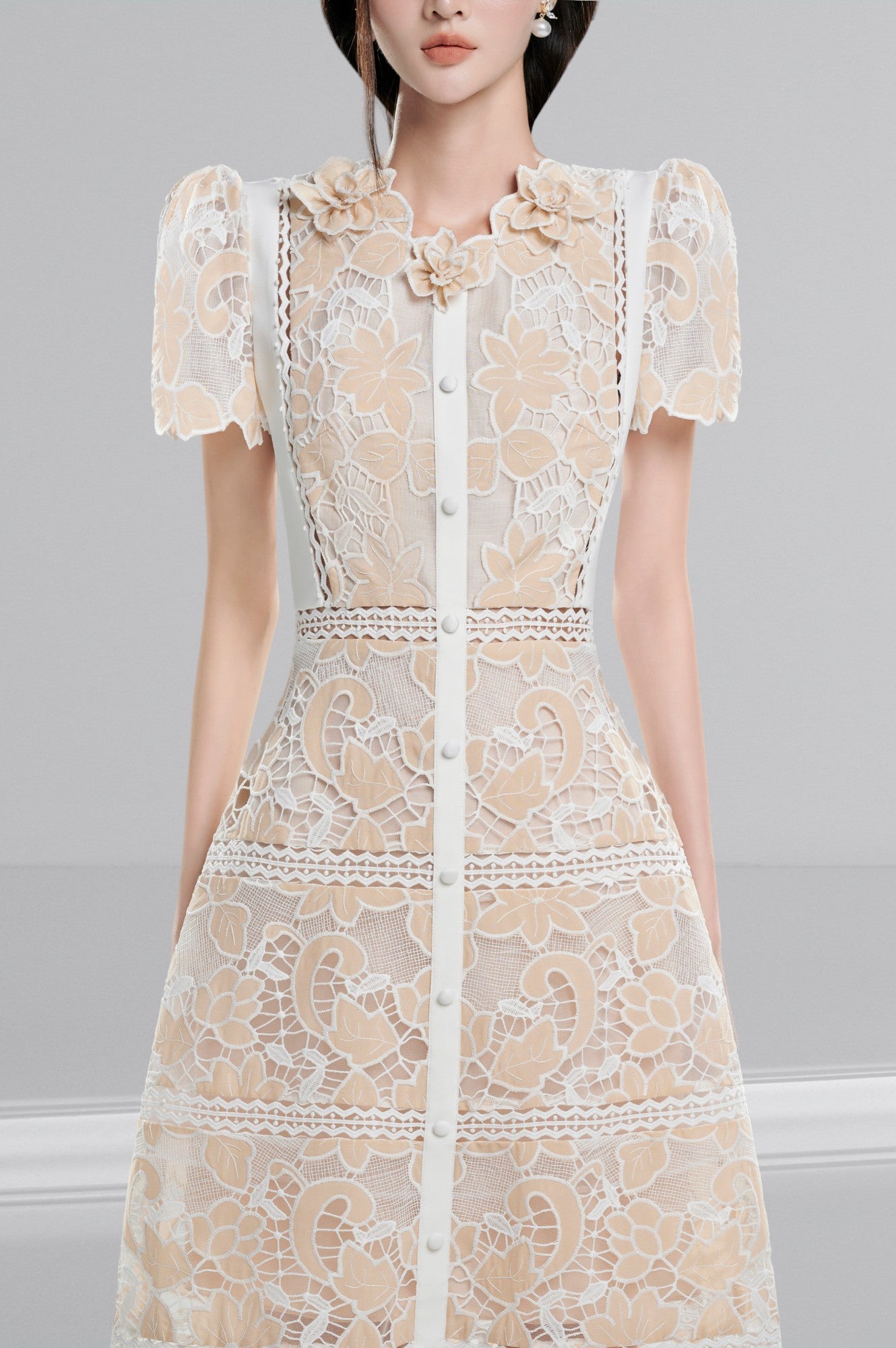  Dress Embroidery Flower Lace Hollow Out Short Sleeve Zipper Round Collar Dresses  | REBECCA WARDROBE