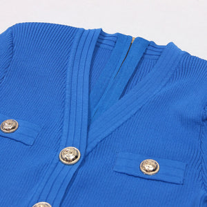Elastic Knitted Back Zipper V-Neck Button Short Sleeve Slim Fit Casual Women's Dress | REBECCA WARDROBE